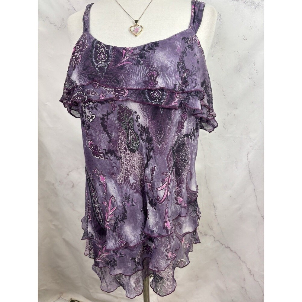 Vtg Y2k Silk Tiered Cami Blouse Asymmetrical Paisley Whimsigoth Fairy XL Purple - Picture 15 of 16